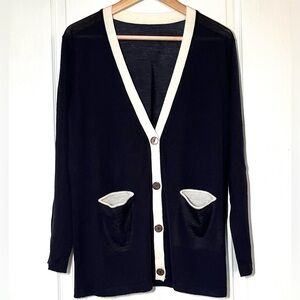 Amanda Collection Cream Contrast Trim Silk Blend Cardigan Old Money Academia, M